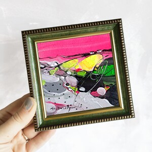 Pink arte astratta originale in cornice 4x4, piccola arte astratta pittura rosa piccola citazione Wandkunst regalo per la fidanzata