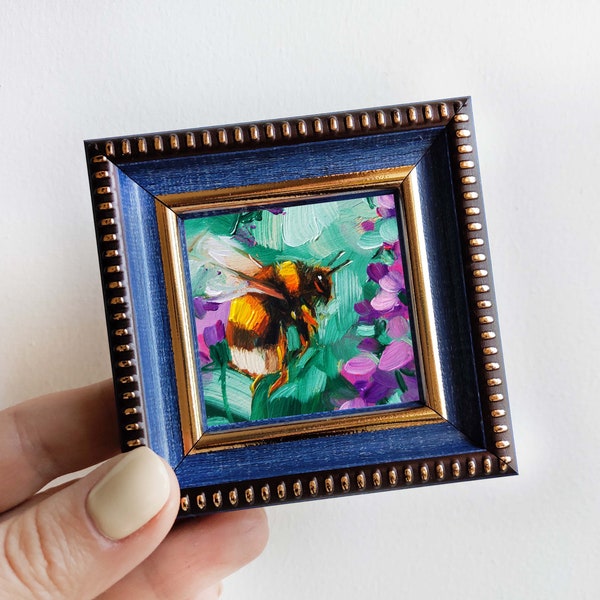 Affen Oper d'arte pittura originale 2x2, Bumblebee pittura olio verde lavanda, Miniatur der arte della parete dell'ape del miele