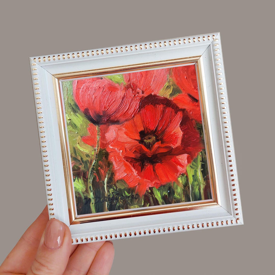 油絵 絵画 ポピーの花 ポピー 油絵 ポピー 小さなアート 赤い花のアートワーク 花の