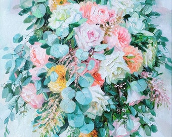 Custom Wedding Bouquet Oil Painting on Canvas, Bridal Flowers Portrait