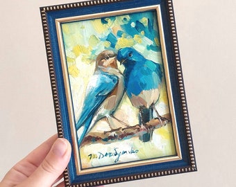 Two bird painting original canvas in wood frame, Bluebird oil painting, Bird art in frame, Small art framed love painting gift