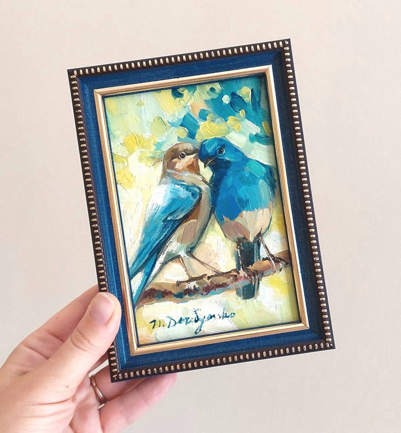 Two bird painting original canvas in wood frame, Bluebird oil painting, Bird art in frame, Small art framed love painting gift 6x4 blue frame