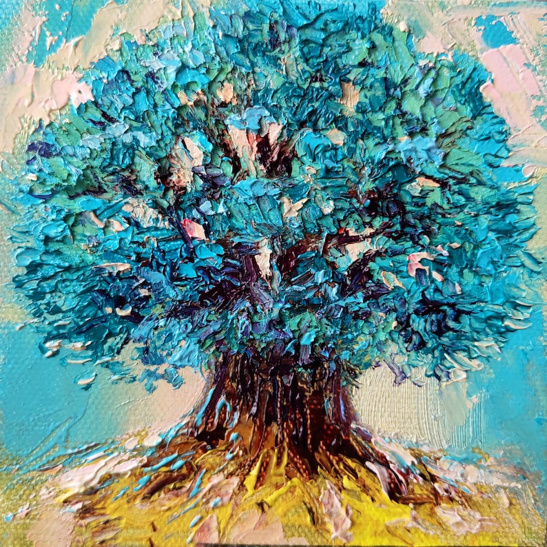 Tree of life painting original teal abstract wall art 4x4 | Etsy