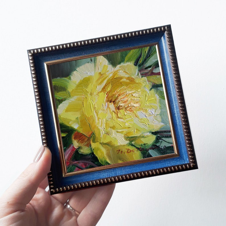 Peony flower oil painting original art, Floral painting yellow peony artwork impressionist, Birthday gift for women blue frame inches