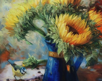 Large floral paintings on canvas original, Sunflowers in turquoise vase oil painting, Yellow flowers wall art decor Easter gift