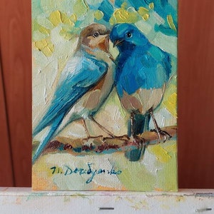 Two bird painting original canvas in wood frame, Bluebird oil painting, Bird art in frame, Small art framed love painting gift image 8