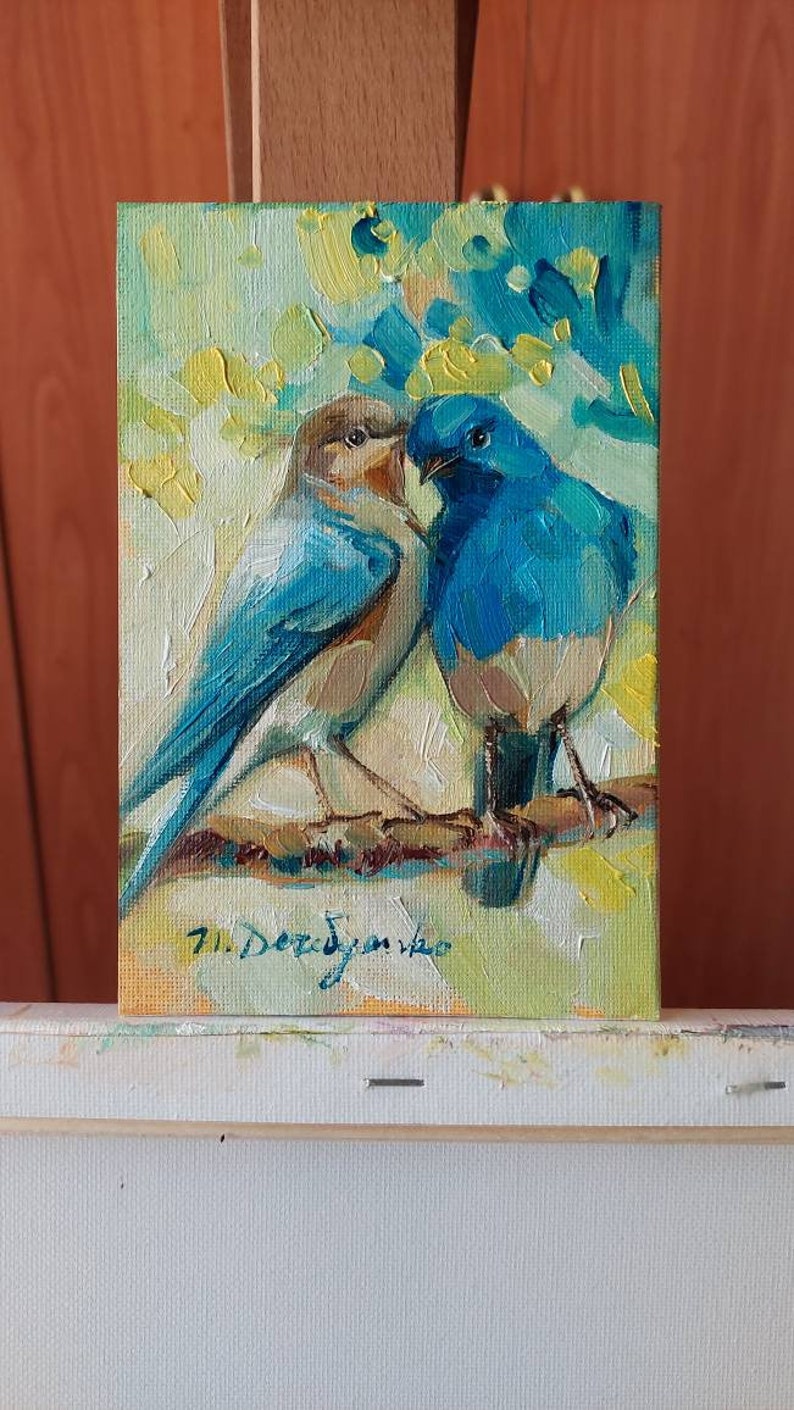 Two bird painting original canvas in wood frame, Bluebird oil painting, Bird art in frame, Small art framed love painting gift image 8