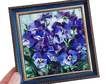 Small oil painting original blue flowers painting 5x5, Pansy flowers picture frame floral artwork, Small frame art Birthday gift idea