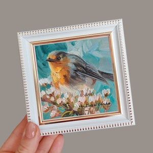 Robin bird painting original in frame, Miniature small oil painting 4x4 bird art gift for mom, Small art frame bird on blossom brunch 4x4 white frame