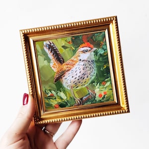 Little bird oil painting original 4x4, Miniature art birdie small artwork, Colorful bird picture framed Bird on branch, Birthday gift