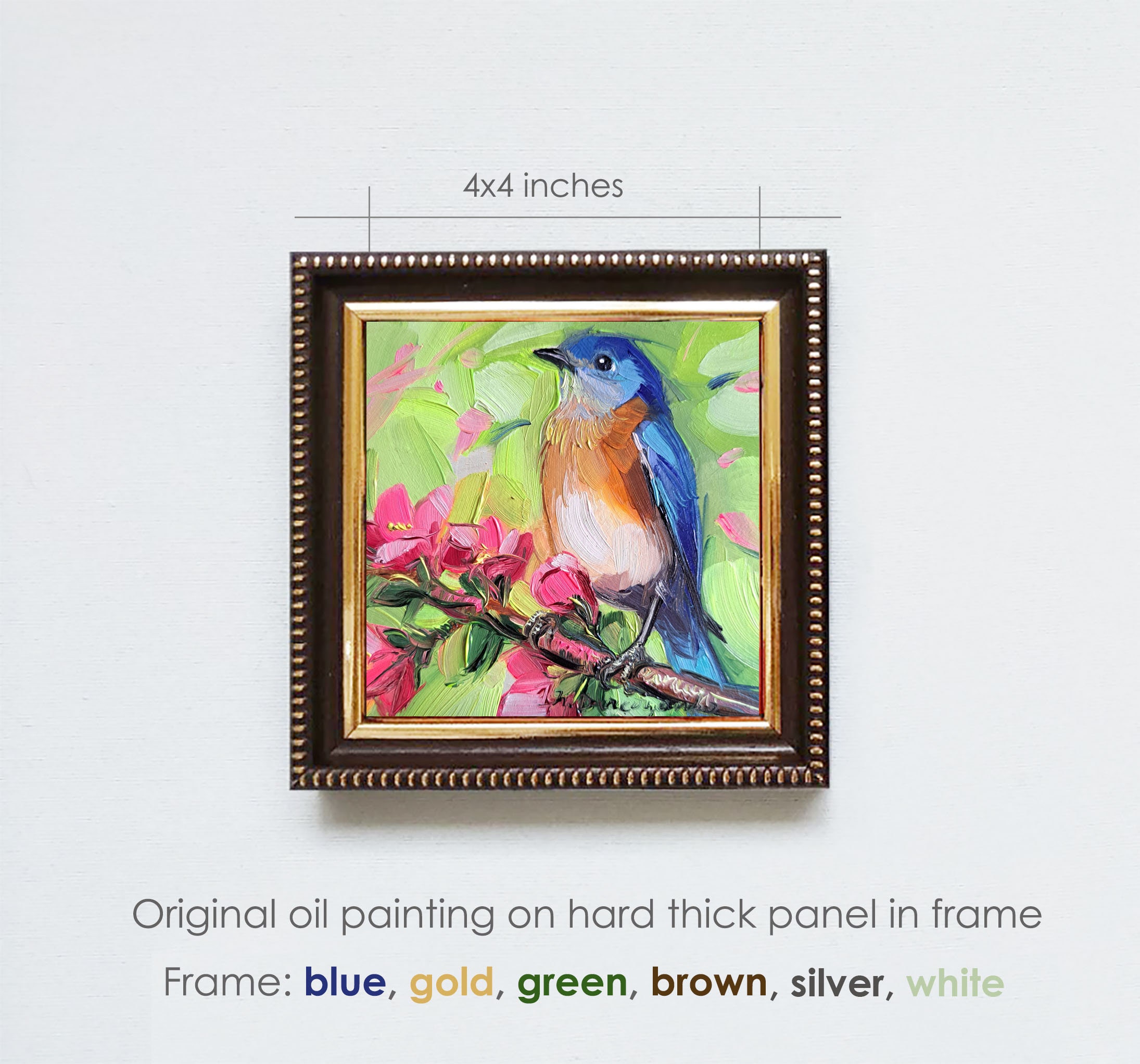 Bluebird Oil Painting Original Framed 4x4, Blue Bird Art Miniature