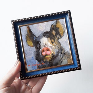Pig portrait oil painting original art 4x4, Animal small painting frame, Nursery wall art piggy lover gift