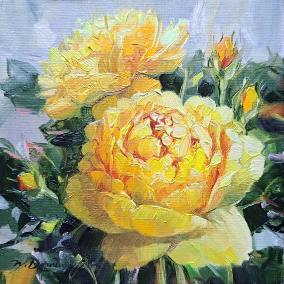 オリジナルの黄色いバラの油絵、印象派風の花柄キャンバスアート作品