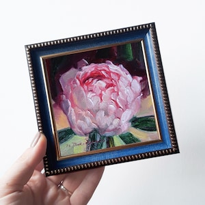 Peony original oil painting framed, Small painting pink flowers, Unique peony wall art, Floral art Valentines day gift for women