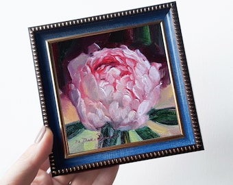 Peony original oil painting framed, Small painting pink flowers, Unique peony wall art, Floral art Valentines day gift for women