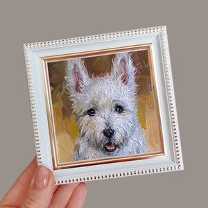 Small dog oil painting original artwork, Custom Pet portrait oil art mini gift White Terrier painting from photo 4x4 in frame 4x4 white frame