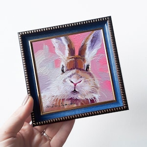 Rabbit painting original framed 4x4, Small painting framed rabbit artwork, Bunny pet painting for gift