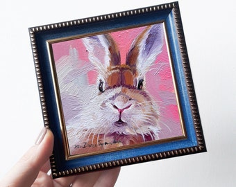 Rabbit painting original framed 4x4, Small painting framed rabbit artwork, Bunny pet painting for gift