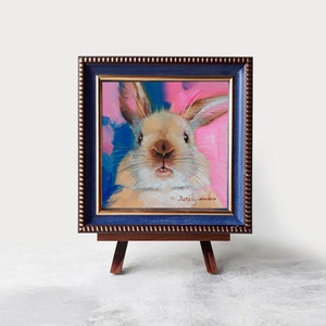 Cute rabbit painting original oil framed 4x4, Small animal art brown nose rabbit artwork, Bunny painting gift for woman frame + wooden easel