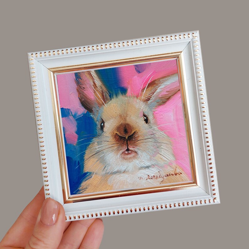 Cute rabbit painting original oil framed 4x4, Small animal art brown nose rabbit artwork, Bunny painting gift for woman 4x4 white frame