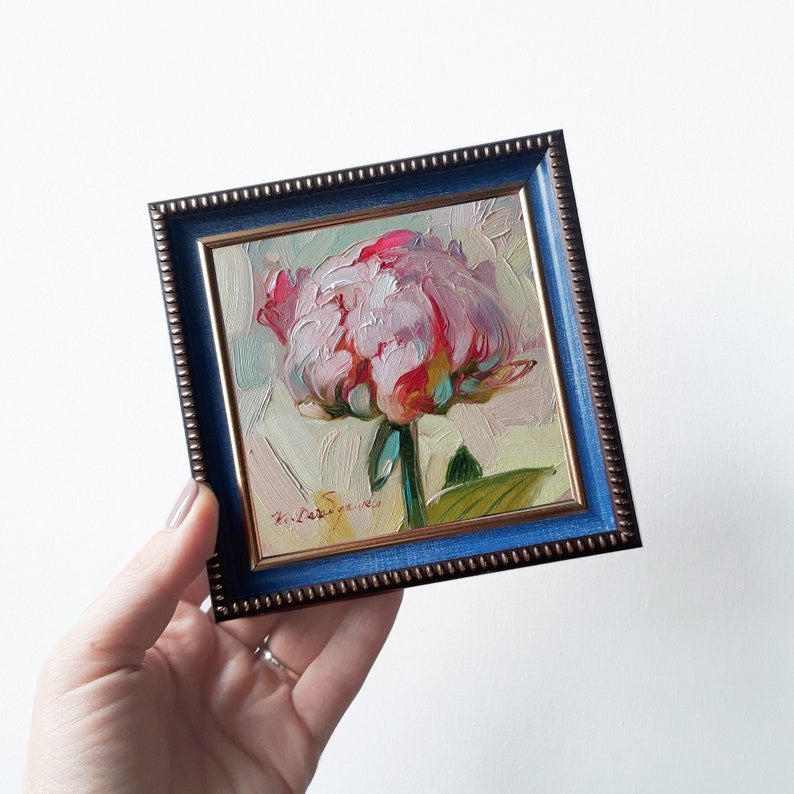Peony original oil painting framed, Small painting pink flowers, Unique peony wall art, Floral art for women Gift for best friend blue frame