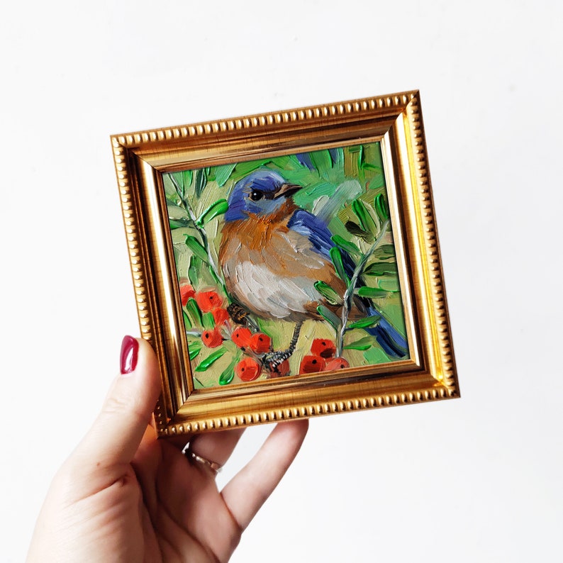 Eastern Bluebird painting original in oil 4x4 framed, Blue bird art illustration small wall art framed, Mothers day gift 4x4 gold frame