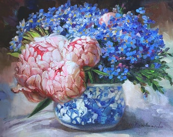 Peonia pittura ad olio originale, Arte walle floreale rosa, Dimenticami non fiori blu arte pittura, Pittura floreale per anniversario