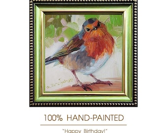Original Robin Oil Painting, Miniature Framed Bird Art, 4x4 Inch Contemporary Wildlife Artwork