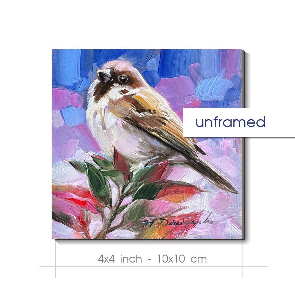 オリジナル油絵スズメ作品 4 x 4インチ、小鳥アート、額装済み自然
