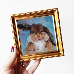 Cute rabbit painting original oil framed 4x4, Small framed art Boy rabbit artwork blue background, Birthday gift