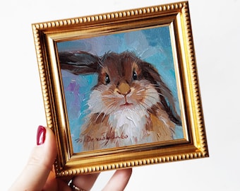 Cute rabbit painting original oil framed 4x4, Small framed art Boy rabbit artwork blue background, Birthday gift