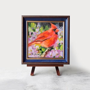 Bird Cardinal oil painting original miniature, love gift red bird artwork, home decor small painting 4x4 frame with stand