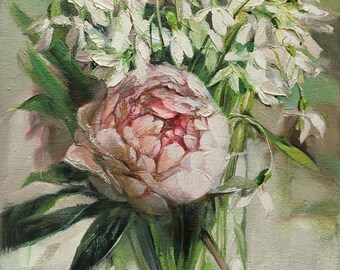 Snowdrops painting canvas original, Peony Flower oil wall art 10x7, Mother gift from daughter
