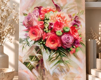 Custom Bridal Bouquet Painting by Photo, Hand Painted Wedding Flowers, Anniversary Gift for Her, Personalized Wedding Keepsake