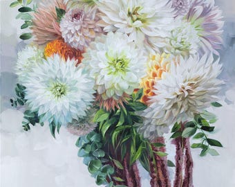 Custom Wedding Bouquet Oil Painting on Canvas, Floral Anniversary Gift
