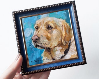 White dog animal painting 4x4 inch frame, Labrador pet oil painting original framed artwork, Pet portrait oil art mini gift for owner