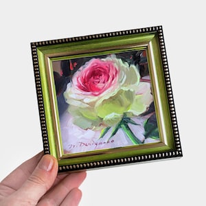 Rose painting 4x4 birthflower gift, Miniature paintings flower pink feminine room decor Unique floral artwork Birthday gift Small framed art