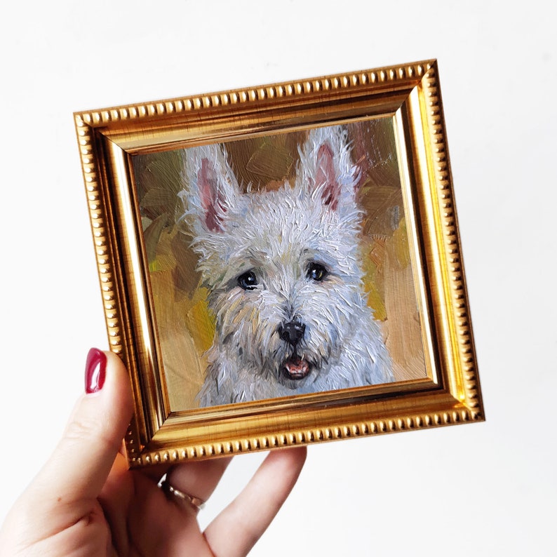 Small dog oil painting original artwork, Custom Pet portrait oil art mini gift White Terrier painting from photo 4x4 in frame 4x4 gold frame