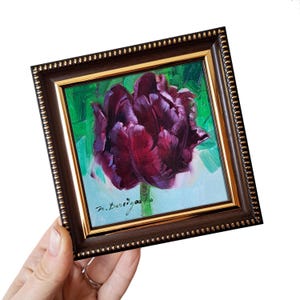Tulip flower paintings miniature original 4x4 wall art Birthday gift for Mom, Floral unique purple artwork Small framed flower art decor