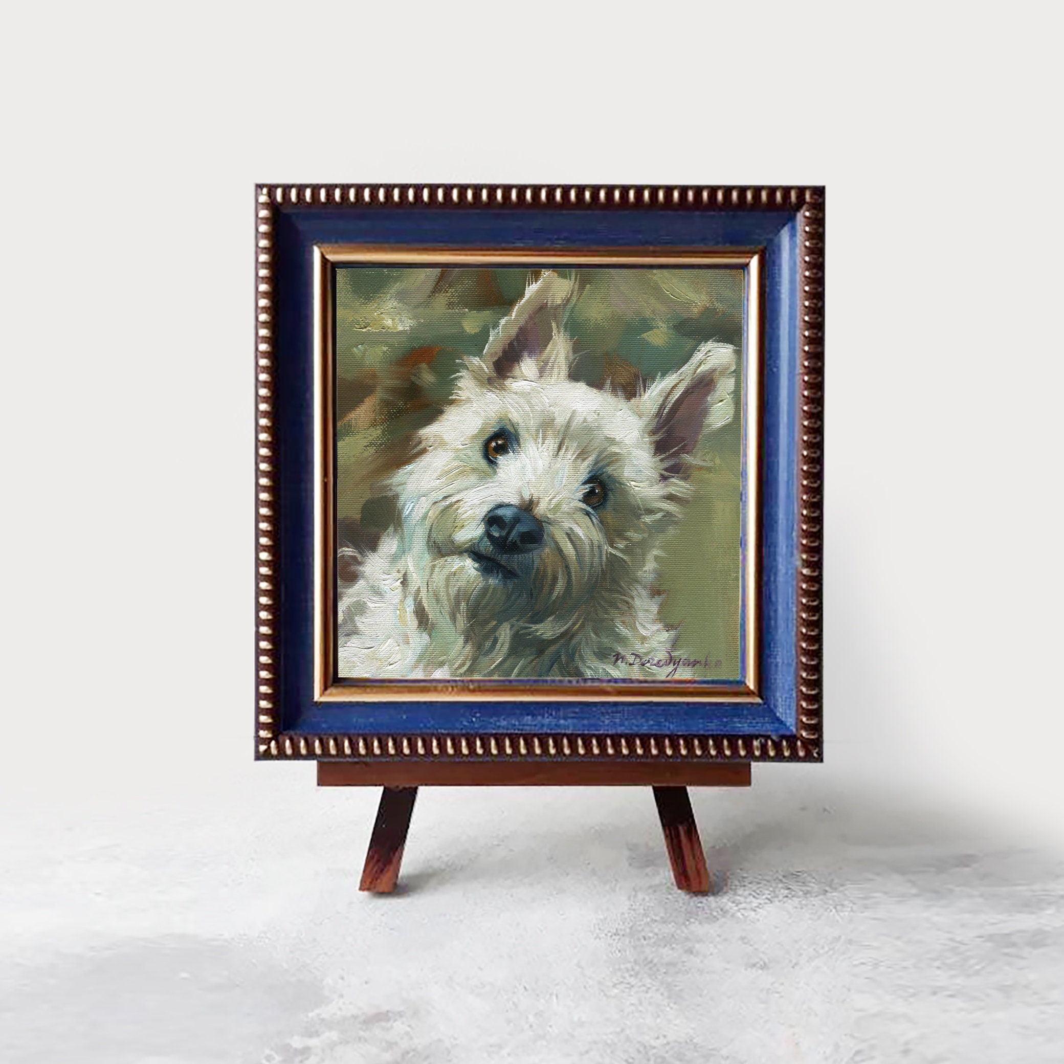 White Dog Animal Painting 4x4 in Frame, Small Pet Oil Painting Original ...
