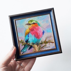 Vogel Malerei original 4x4 Fliederbrust-Roller Vogel kleiner Rahmen Kunst in blauem Rahmen, Kleines Ölgemälde Vogel Kunstwerk, Vogel Geschenke für Frauen