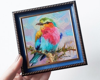 Bird painting original 4x4 Lilac-breasted Roller bird small frame art in blue frame, Small oil painting bird artwork, Bird gifts for women