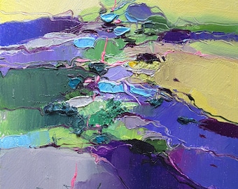 Original Abstract Landscape Oil Painting 4x4 in, Colorful Miniature Impasto Art Fields Nature Lover Gift, Small Framed Arwork