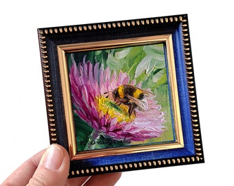 Regali d'arte delle api, pittura ad olio d'api originale 3x3 - Ape felice! ape home decor wall art Ape da miele