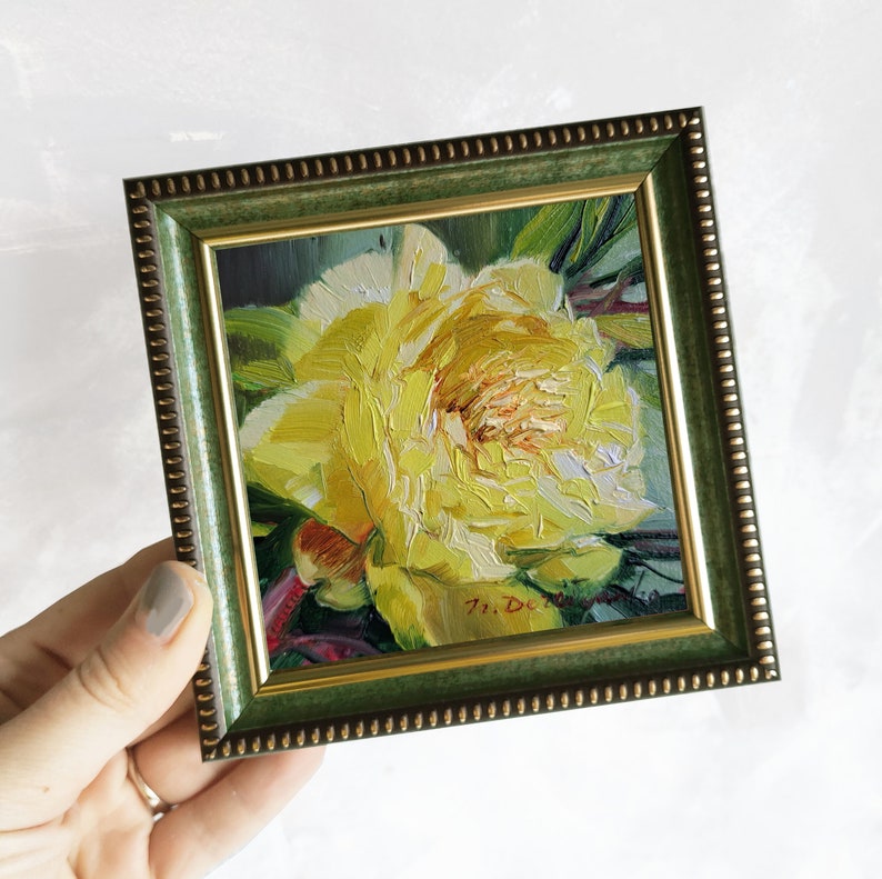 Peony flower oil painting original art, Floral painting yellow peony artwork impressionist, Birthday gift for women green frame inches