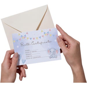 Actes de naissance, téléchargement numérique, poupées reborn, artistes reborn, bleu, rose, éléphants, format carte postale, parfaits pour les poupées, les ours et les animaux de compagnie.