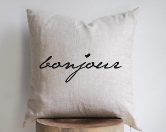 Linen Pillow - Bonjour - Decorative Pillow Cover - Throw Pillows - Natural Linen -  Cushions - Decorative Cushions - Hand drawn