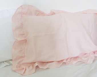 Set of 2: Handmade Pink Linen Ruffle Pillowcases - Farmhouse Style