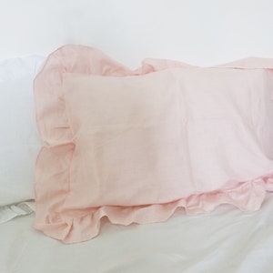 Set of 2: Handmade Pink Linen Ruffle Pillowcases - Farmhouse Style