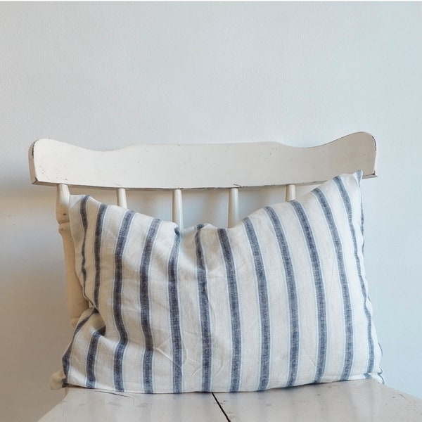 Blue Stripes Linen Decorative Pillow Cover, Cushion Covers, Lumbar pillow sizes, 18x18 20x20 26x26,